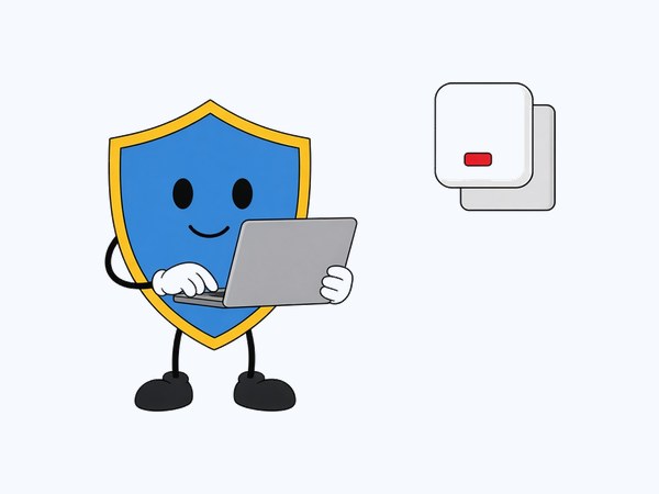 Wappenmännchen mit Laptop vor Außensirene — Wartung